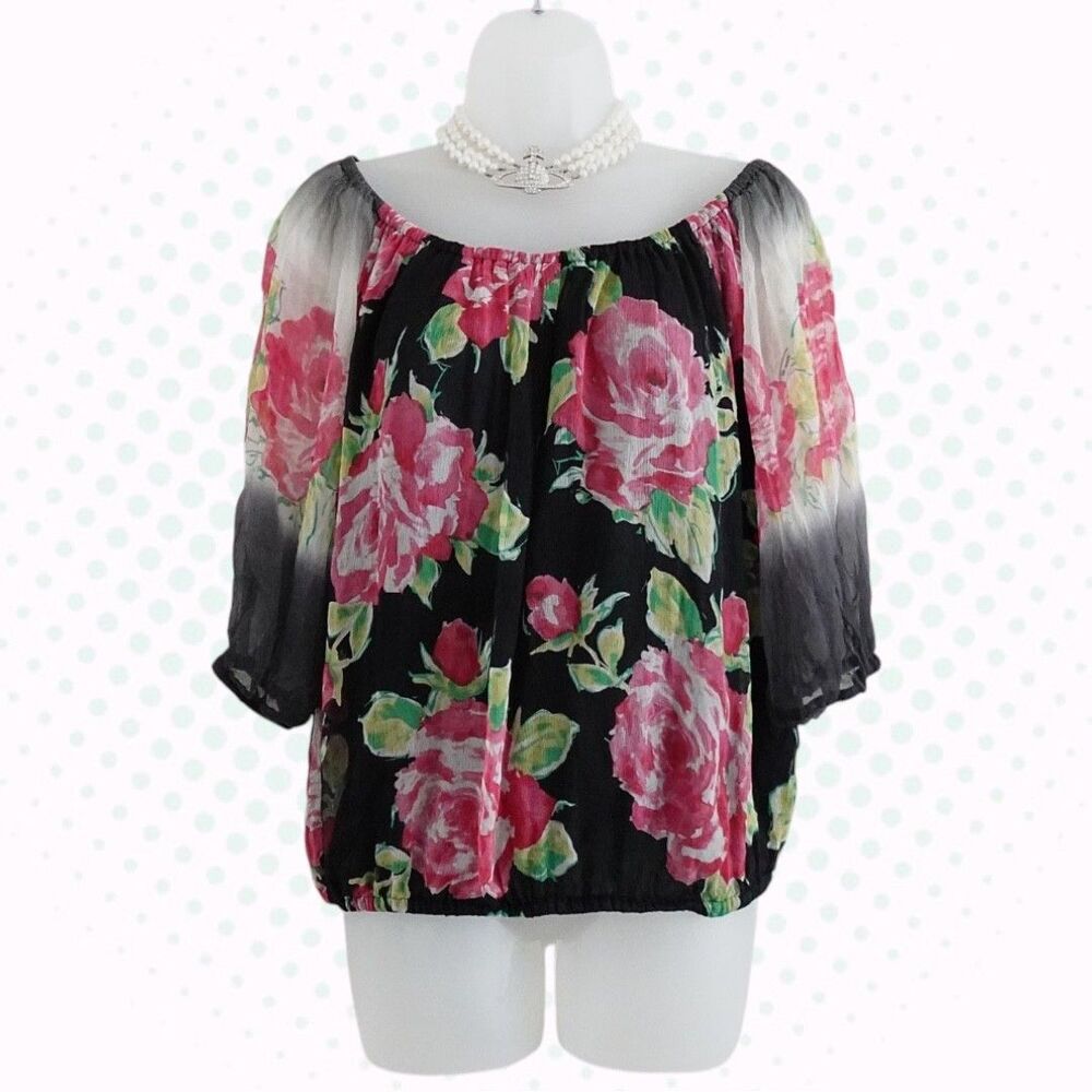 Vintage Y2K Blugirl Blumarine Multicolor Silk Rose Print Bubble Hem Top Size S